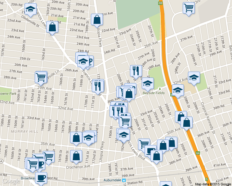map of restaurants, bars, coffee shops, grocery stores, and more near 198-37 30th Avenue in Queens