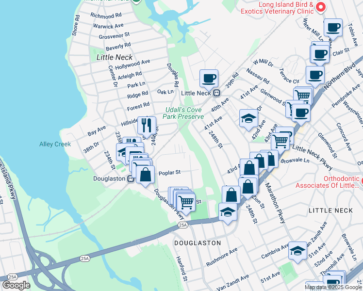 map of restaurants, bars, coffee shops, grocery stores, and more near 72 Stuart Lane in Queens