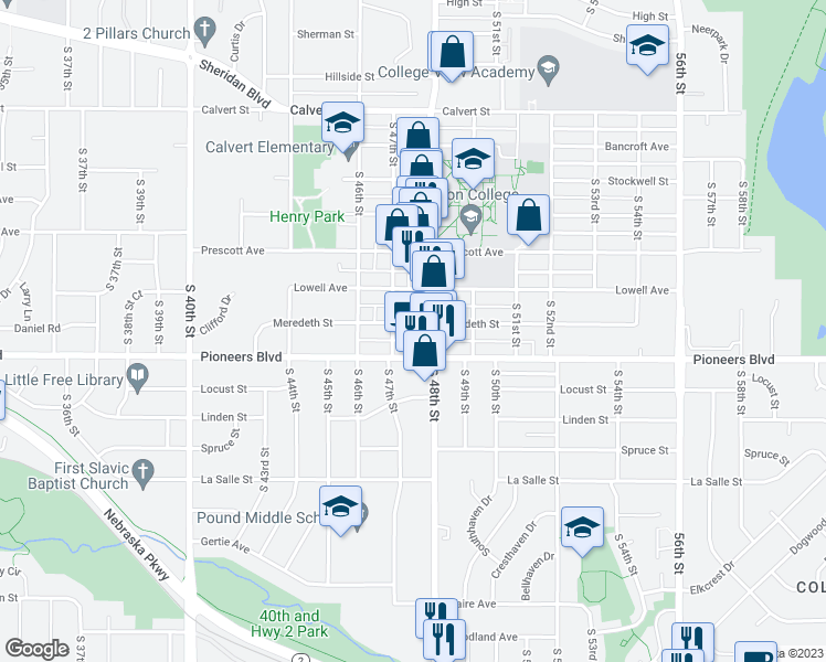 map of restaurants, bars, coffee shops, grocery stores, and more near 4731 Meredeth Street in Lincoln