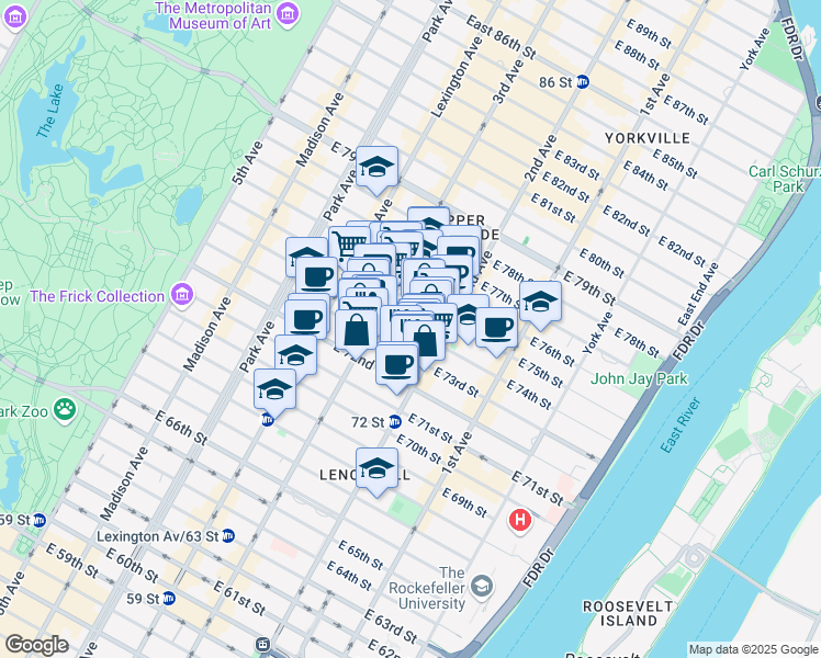 map of restaurants, bars, coffee shops, grocery stores, and more near East 74th Street in New York