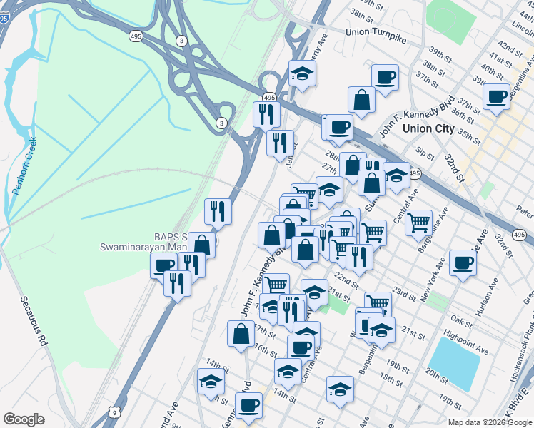 map of restaurants, bars, coffee shops, grocery stores, and more near 2215 Grand Avenue in North Bergen