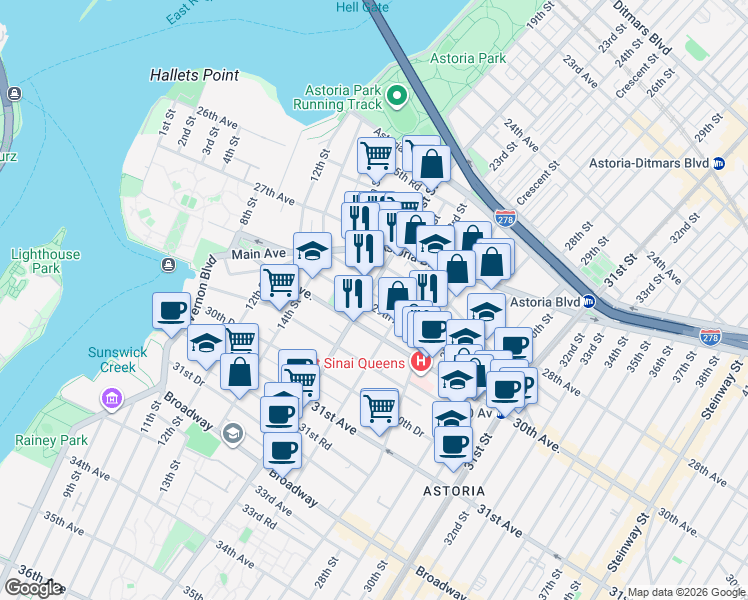 map of restaurants, bars, coffee shops, grocery stores, and more near 21-03 29th Avenue in Queens