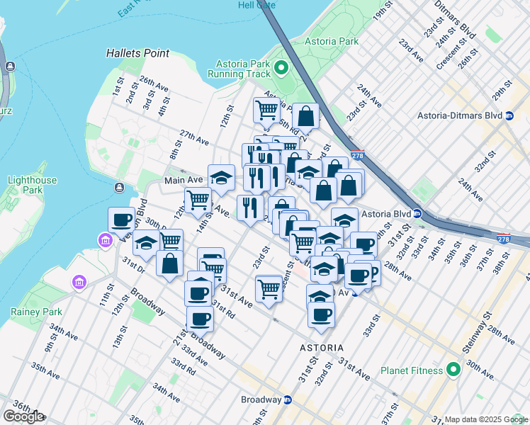 map of restaurants, bars, coffee shops, grocery stores, and more near in Queens