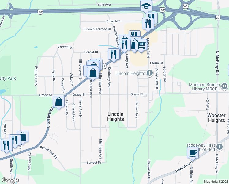 map of restaurants, bars, coffee shops, grocery stores, and more near 976 Grace Street in Mansfield