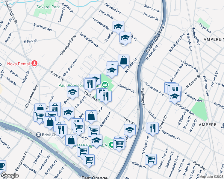 map of restaurants, bars, coffee shops, grocery stores, and more near 226 North Clinton Street in East Orange