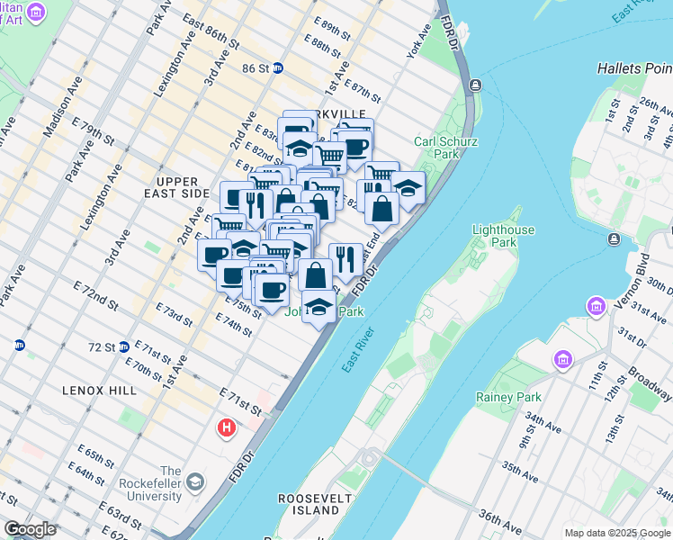 map of restaurants, bars, coffee shops, grocery stores, and more near 524 East 79th Street in New York