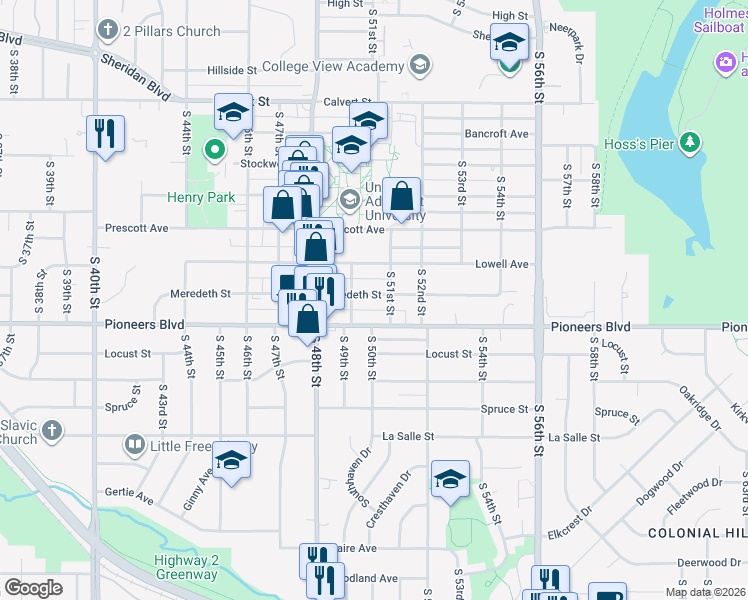 map of restaurants, bars, coffee shops, grocery stores, and more near 5026 Pioneers Boulevard in Lincoln