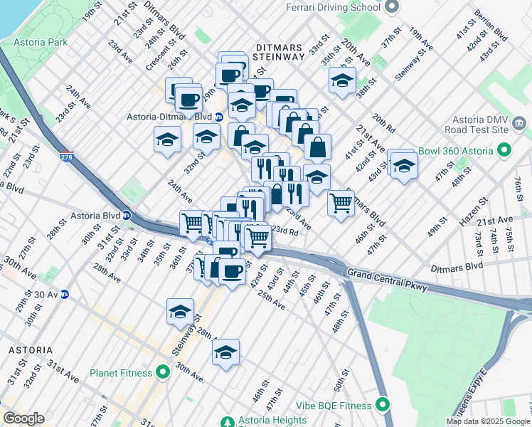 map of restaurants, bars, coffee shops, grocery stores, and more near 23-53 Steinway Street in Queens