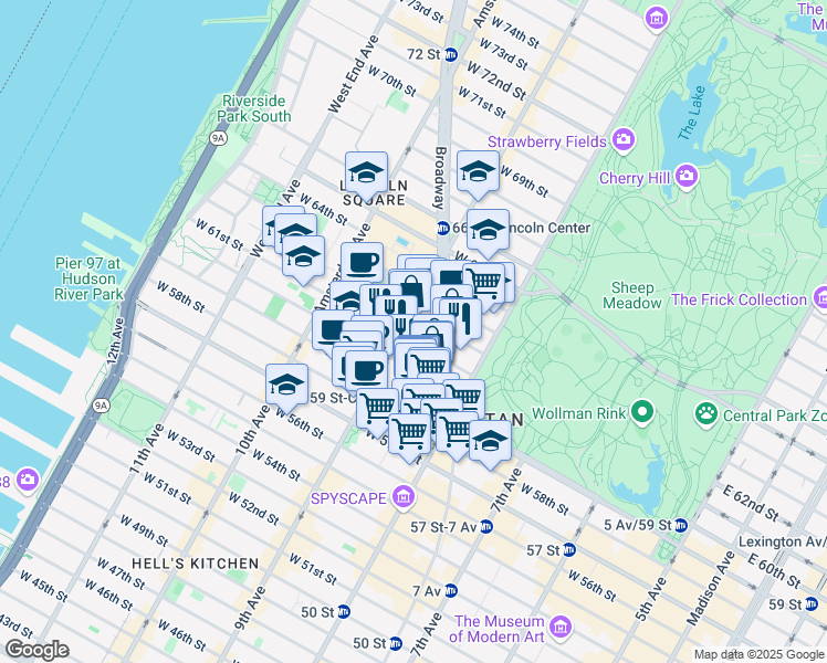 map of restaurants, bars, coffee shops, grocery stores, and more near 43 West 61st Street in New York