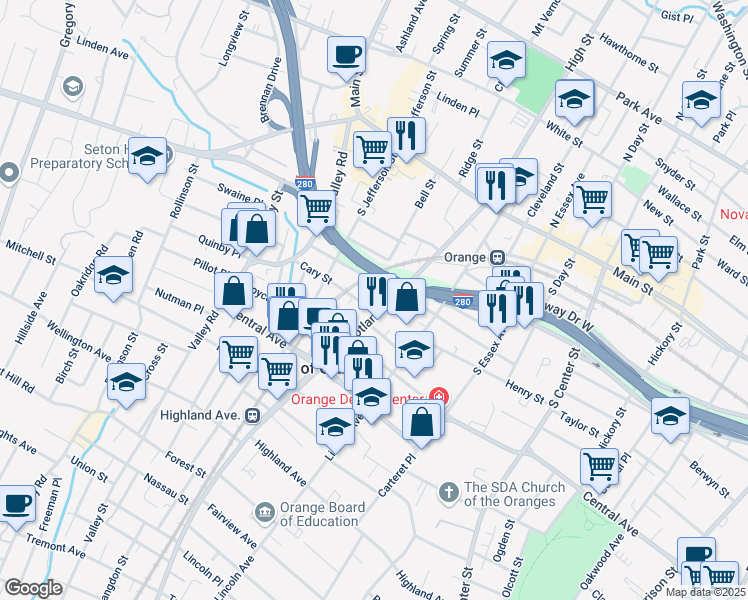 map of restaurants, bars, coffee shops, grocery stores, and more near 169 Scotland Road in City of Orange