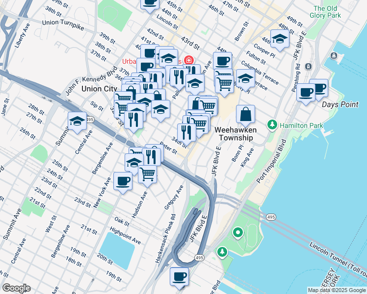 map of restaurants, bars, coffee shops, grocery stores, and more near 3343 Park Avenue in Union City