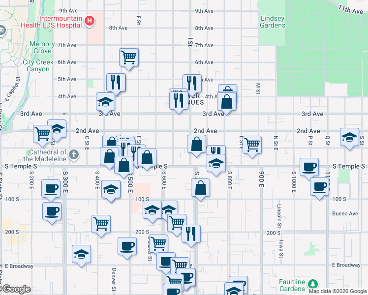 map of restaurants, bars, coffee shops, grocery stores, and more near in Salt Lake City