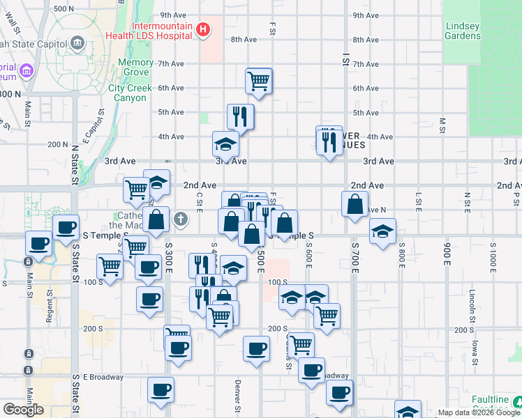 map of restaurants, bars, coffee shops, grocery stores, and more near in Salt Lake City
