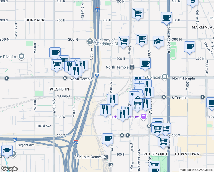map of restaurants, bars, coffee shops, grocery stores, and more near 650 West South Temple in Salt Lake City