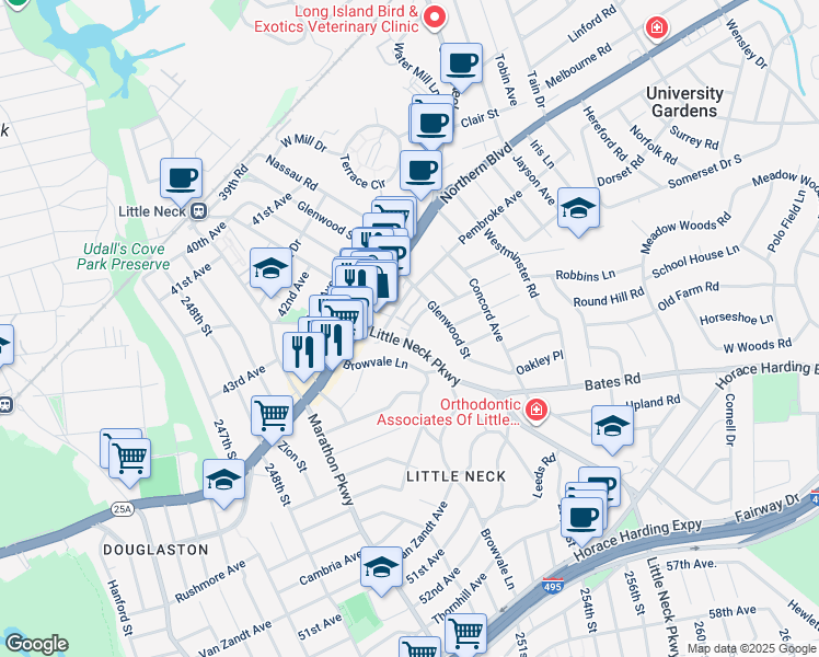 map of restaurants, bars, coffee shops, grocery stores, and more near 46-16 Little Neck Parkway in Queens