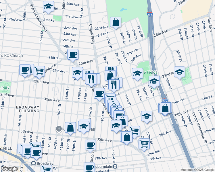 map of restaurants, bars, coffee shops, grocery stores, and more near 198-37 30th Avenue in Queens