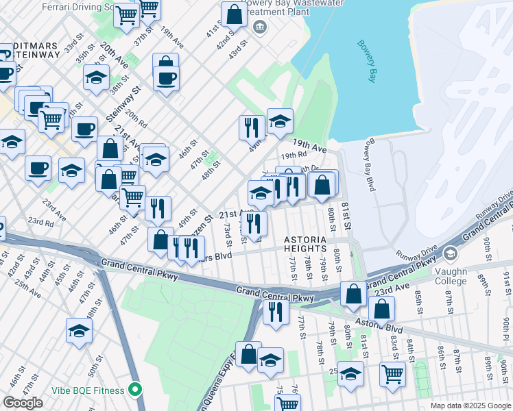 map of restaurants, bars, coffee shops, grocery stores, and more near 75-10 21st Avenue in Queens