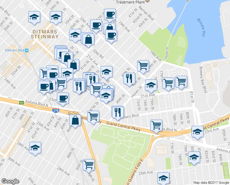 map of restaurants, bars, coffee shops, grocery stores, and more near 21-32 49th Street in Queens