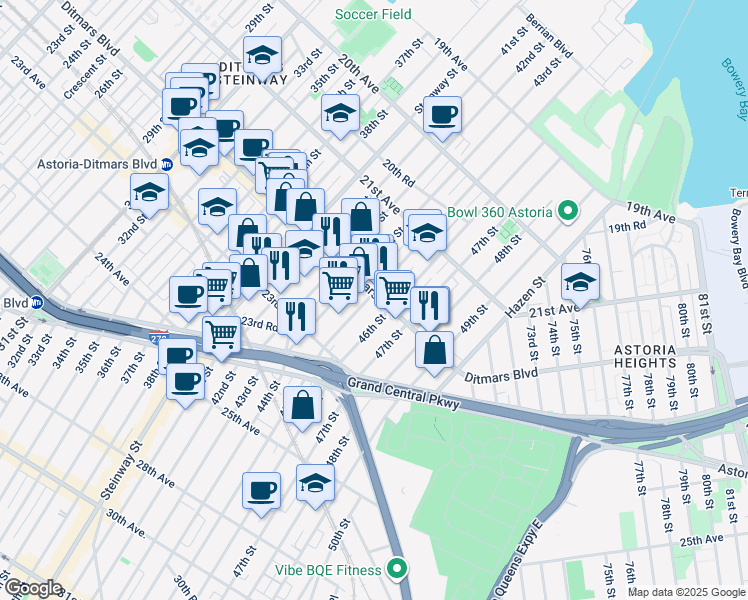 map of restaurants, bars, coffee shops, grocery stores, and more near 45-2 Ditmars Boulevard in Queens