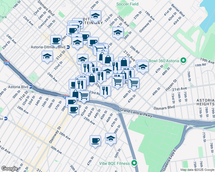 map of restaurants, bars, coffee shops, grocery stores, and more near 42-05 23rd Avenue in Queens