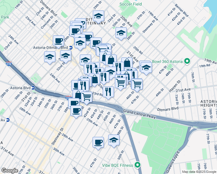 map of restaurants, bars, coffee shops, grocery stores, and more near 42-05 23rd Avenue in Queens