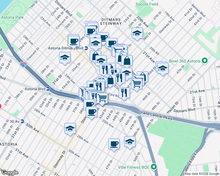 map of restaurants, bars, coffee shops, grocery stores, and more near 23-25 41st Street in Queens