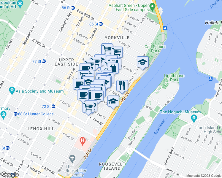 map of restaurants, bars, coffee shops, grocery stores, and more near 520 East 77th Street in New York