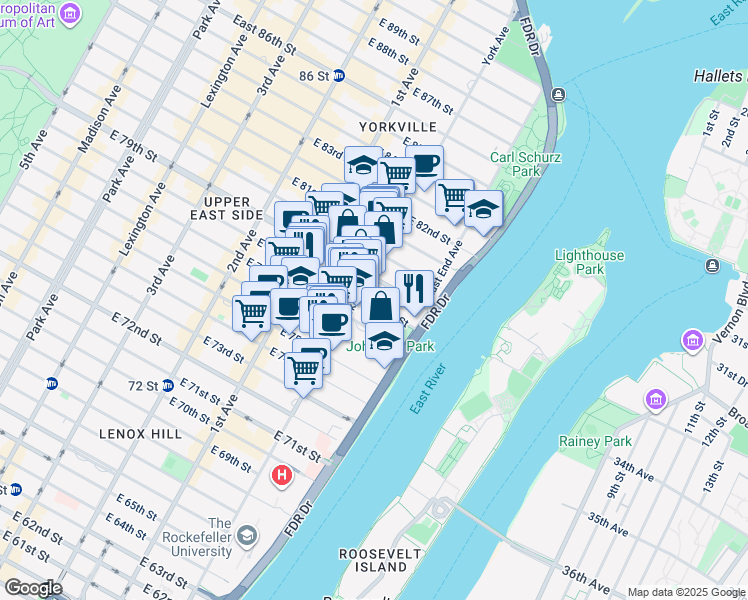map of restaurants, bars, coffee shops, grocery stores, and more near 520 East 77th Street in New York