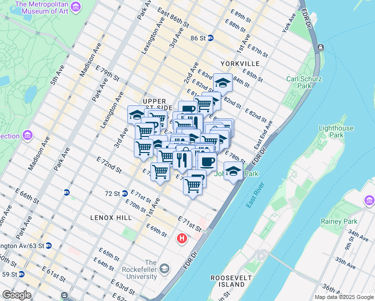 map of restaurants, bars, coffee shops, grocery stores, and more near 419 East 76th Street in New York