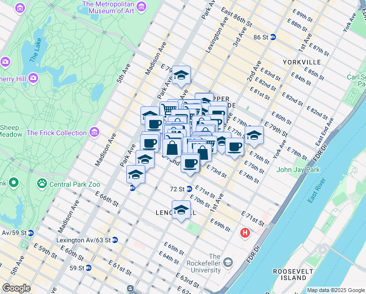 map of restaurants, bars, coffee shops, grocery stores, and more near 220 East 73rd Street in New York
