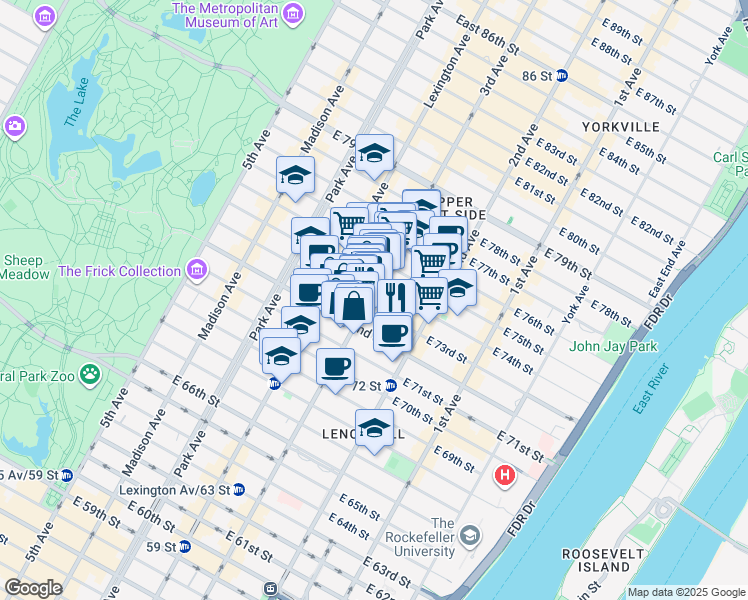 map of restaurants, bars, coffee shops, grocery stores, and more near 1230 3rd Avenue in New York