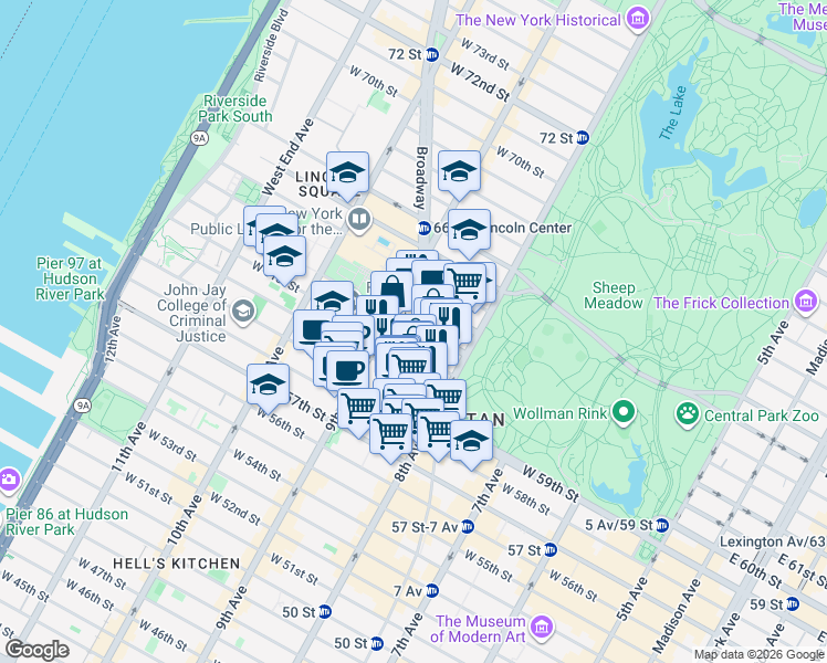 map of restaurants, bars, coffee shops, grocery stores, and more near 24 West 61st Street in New York