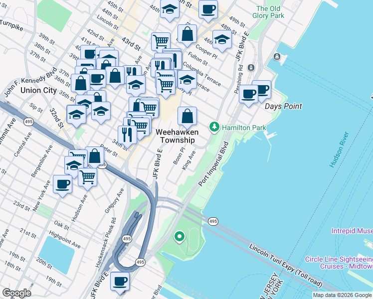 map of restaurants, bars, coffee shops, grocery stores, and more near 24-26 Bonn Place in Weehawken Township