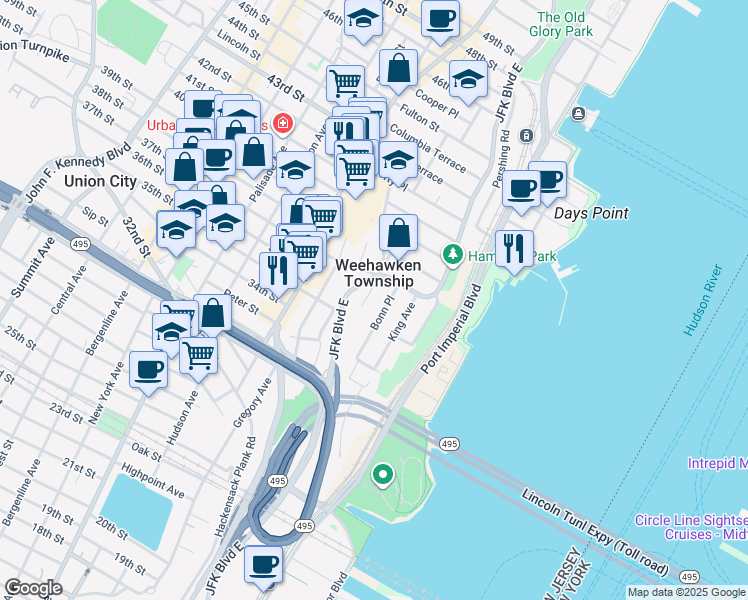 map of restaurants, bars, coffee shops, grocery stores, and more near 24-26 Bonn Place in Weehawken Township