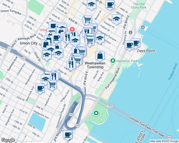 map of restaurants, bars, coffee shops, grocery stores, and more near 652 Boulevard East in Weehawken
