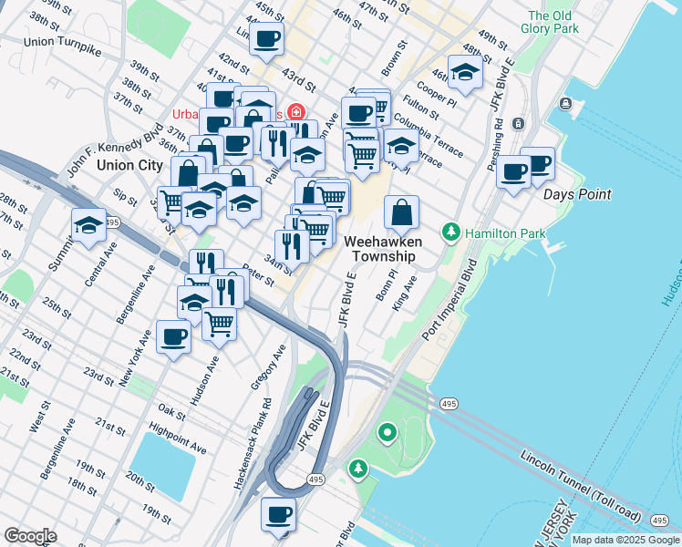 map of restaurants, bars, coffee shops, grocery stores, and more near 82 Hauxhurst Avenue in Weehawken