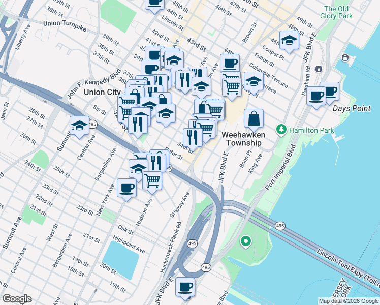map of restaurants, bars, coffee shops, grocery stores, and more near 3343 Park Avenue in Union City