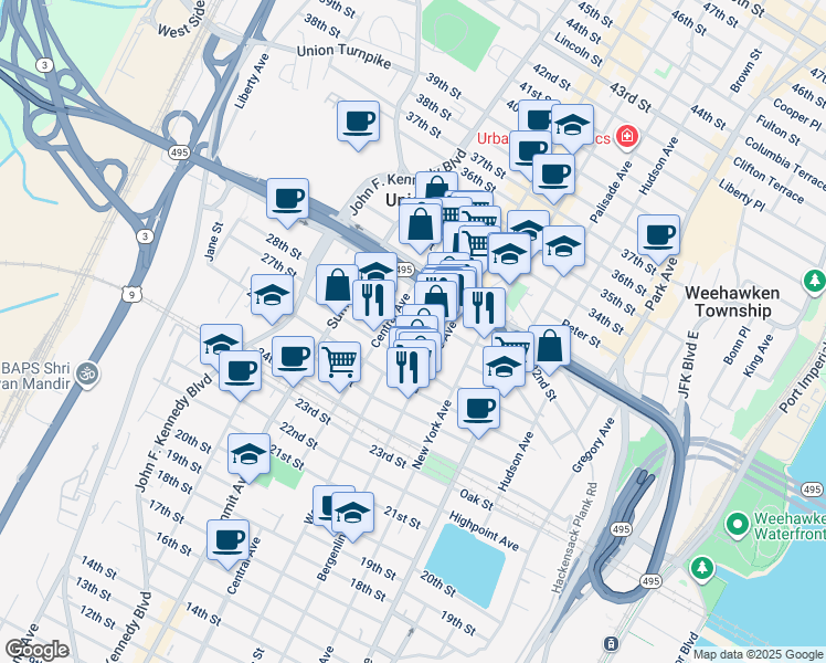 map of restaurants, bars, coffee shops, grocery stores, and more near 2813 Bergenline Avenue in Union City
