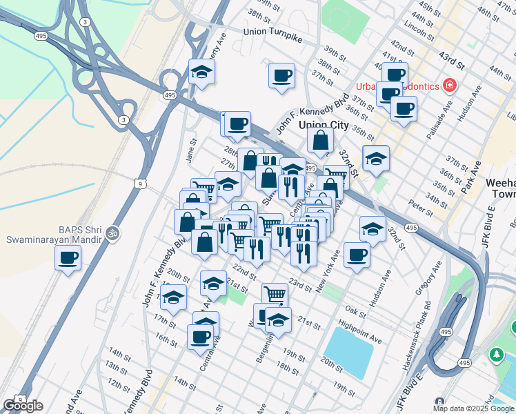 map of restaurants, bars, coffee shops, grocery stores, and more near 2500 Summit Avenue in Union City