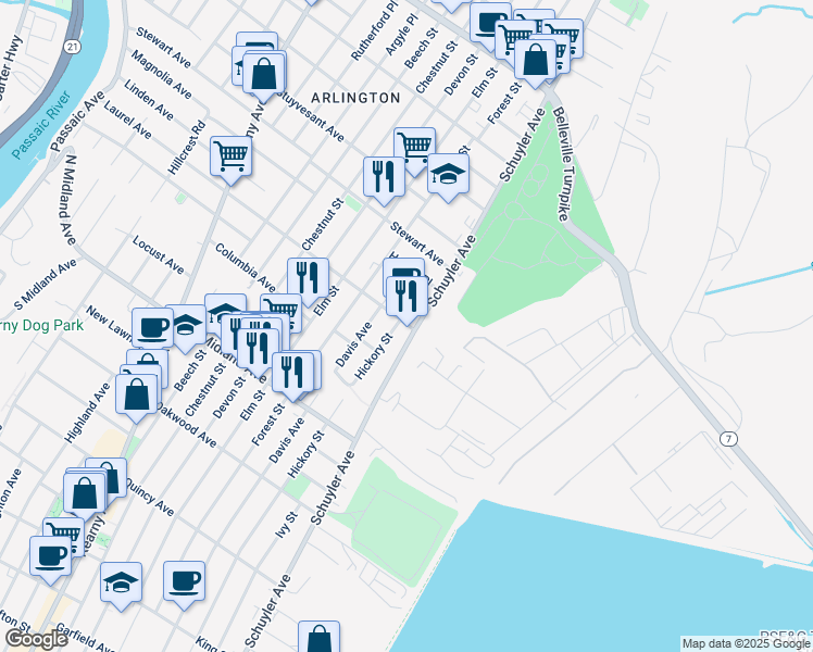 map of restaurants, bars, coffee shops, grocery stores, and more near 655 Schuyler Avenue in Kearny