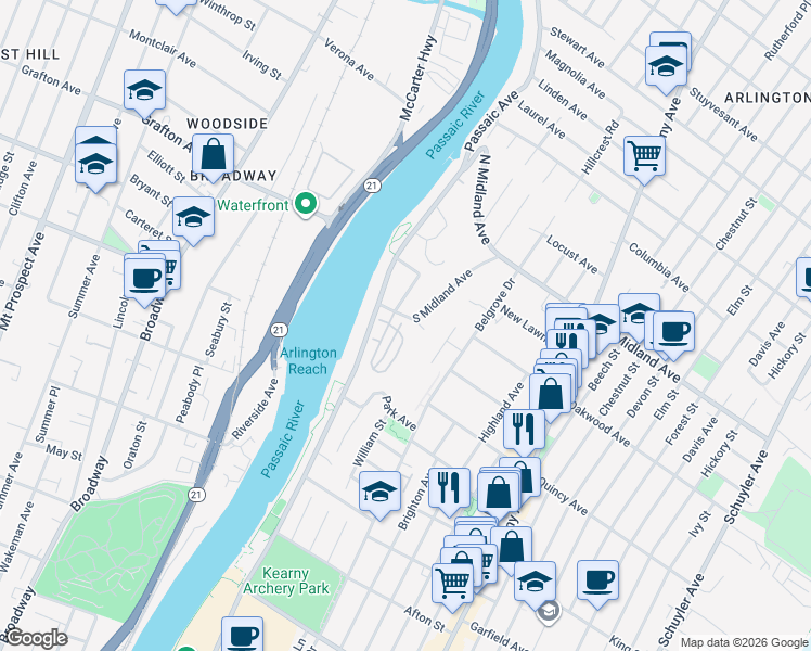 map of restaurants, bars, coffee shops, grocery stores, and more near 4 Healey Terrace in Kearny