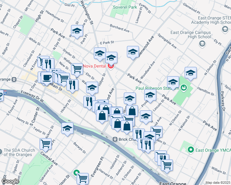 map of restaurants, bars, coffee shops, grocery stores, and more near 50 Washington Street in East Orange
