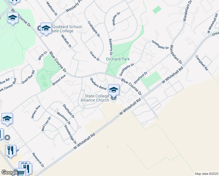 map of restaurants, bars, coffee shops, grocery stores, and more near 3144-3182 Shellers in State College