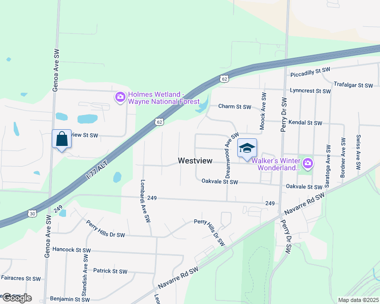 map of restaurants, bars, coffee shops, grocery stores, and more near 2589 Scheiring Avenue Southwest in Canton