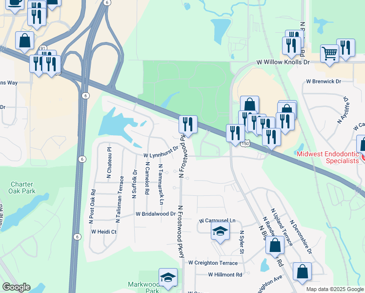 map of restaurants, bars, coffee shops, grocery stores, and more near 6751-6799 North Frostwood Parkway in Peoria
