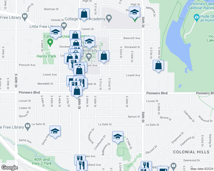 map of restaurants, bars, coffee shops, grocery stores, and more near 5140 Pioneers Boulevard in Lincoln