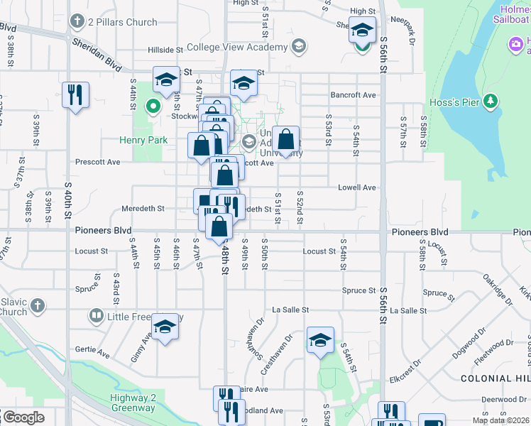 map of restaurants, bars, coffee shops, grocery stores, and more near 5026 Pioneers Boulevard in Lincoln
