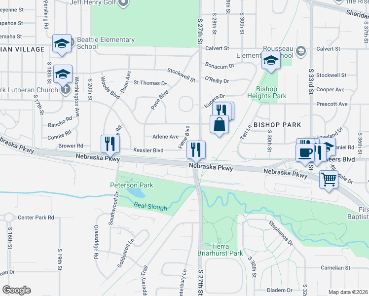 map of restaurants, bars, coffee shops, grocery stores, and more near 2615 Kessler Boulevard in Lincoln