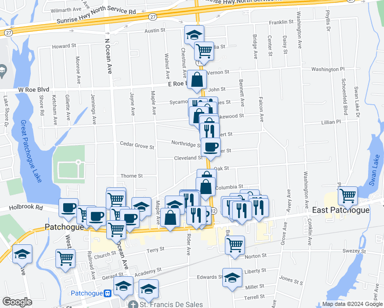 map of restaurants, bars, coffee shops, grocery stores, and more near 66 Cleveland Street in Patchogue