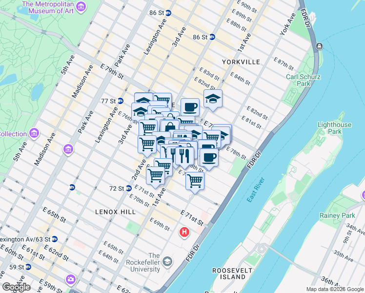 map of restaurants, bars, coffee shops, grocery stores, and more near in New York